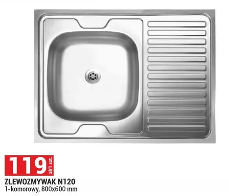 Zlewozmywak N120 1-komorowy, 800x600 mm promocja w Merkury Market