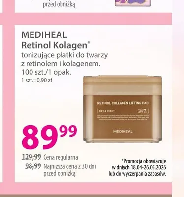 Tonizujące płatki do twarzy z retinolem i kolagenem MEDIHEAL Retinol Kolagen promocja w Hebe