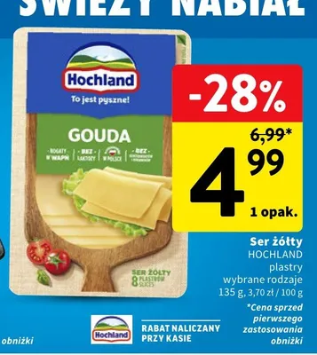 Ser żółty Gouda Hochland plastry wybrane rodzaje promocja w Intermarche