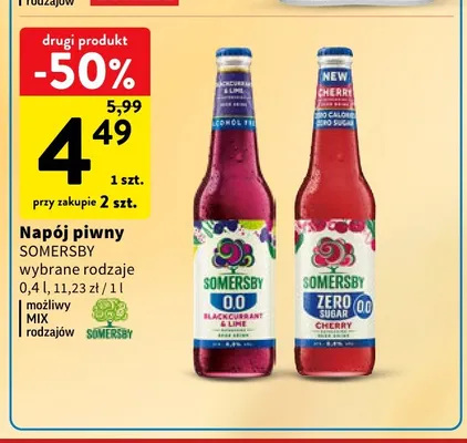 Piwo bezalkoholowe Napój piwny bezalkoholowy Somersby Blackcurrant & Lime promocja w Intermarche