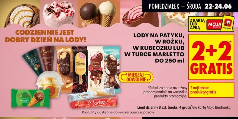 Lody na patyku w rożku w kubeczku lub w tubce Marletto do 250 ml promocja w Biedronka
