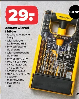 Zestaw wierteł i bitów TECHLINER promocja w Netto