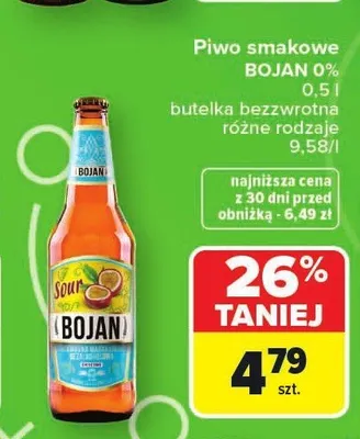 Piwo smakowe bezalkoholowe Bojan 0% butelka bezzwrotna promocja w Carrefour Market