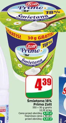 Śmietana 18% Primo Zott promocja w Dino