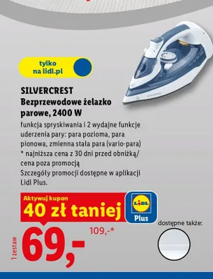 Bezprzewodowe żelazko parowe, 2400W promocja w Lidl