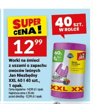 Worki na śmieci z uszami o zapachu owoców leśnych Jan Niezbędny XXL 60 l promocja w Twój Market