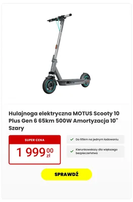 Hulajnoga elektryczna MOTUS Scooty 10 Plus Gen 6 65km 500W Amortyzacja 10" Szary promocja w Media Expert