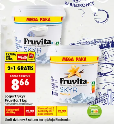 Jogurt Skyr naturalny Fruvita promocja w Biedronka