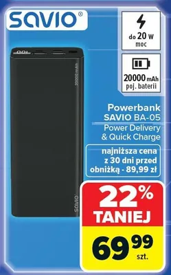 Powerbank SAVIO BA-05 Power Delivery & Quick Charge 20000 mAh promocja w Carrefour