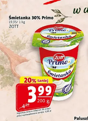 Śmietanka Primo Zott 30% promocja w Prim Market