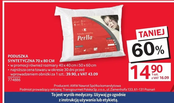 Poduszka syntetyczna 70 x 80 CM promocja w Selgros
