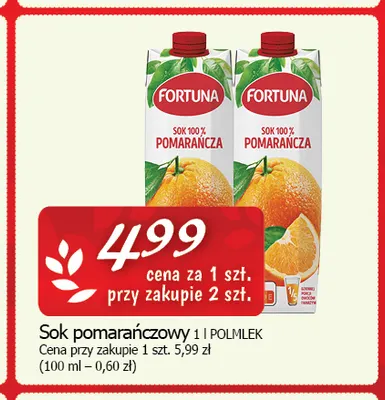 Sok pomarańczowy Fortuna 100% promocja w CEZAR Delikatesy