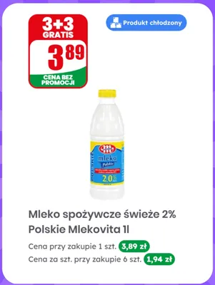 Mleko spożywcze świeże Polskie Mlekovita 2% promocja w Dino