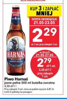 Piwo Harnaś jasne pełne butelka zwrotna promocja w LEWIATAN