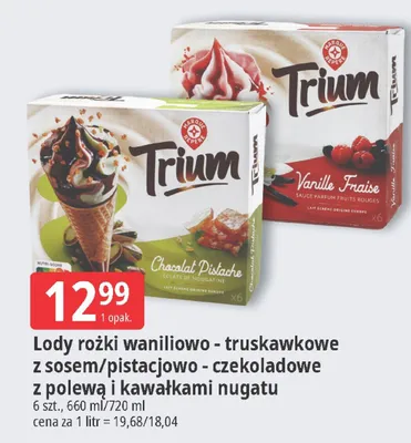 Lody rożki waniliowo - truskawkowe z sosem/pistacjowo - czekoladowe z polewą i kawałkami nugatu promocja w Leclerc