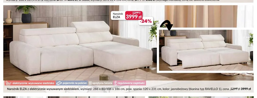 Narożnik Elza z elektrycznie wysuwanym siedziskiem promocja w Salony Agata