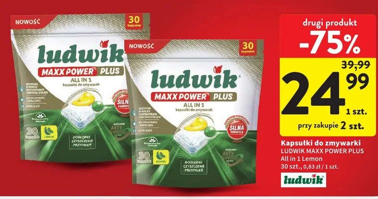 Kapsułki do zmywarki Ludwik Maxx Power Plus All in 1 Lemon promocja w Intermarche