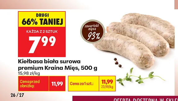 Kiełbasa biała surowa premium Kraina Mięs promocja w Biedronka