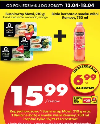 Zestaw: sushi wrap Mowi - łosoś z wakame, awokado, mango + białą herbata Remsey o smaku wiśni promocja w Biedronka