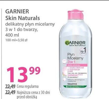 Płyn micelarny GARNIER Skin Naturals delikatny płyn micelarny 3 w 1 do twarzy promocja w Hebe