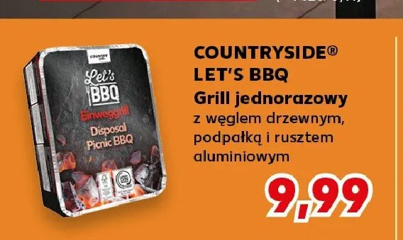 Grill jednorazowy COUNTRYSIDE LET'S BBQ z węglem drzewnym podpałką i rusztem aluminiowym promocja w Kaufland