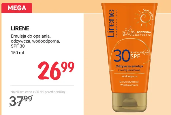 Emulsja do opalania Lirene odżywcza wodoodporna SPF 30 promocja w Rossmann