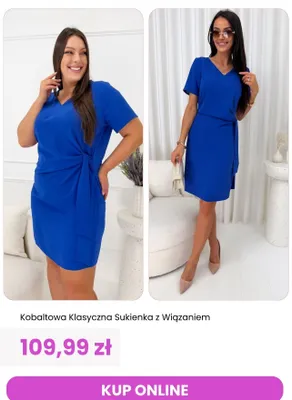 Sukienka kobaltowa klasyczna z wiązaniem ModnaKiecka.pl promocja w Modna Kiecka