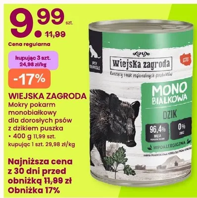 Mokry pokarm monobiałkowy dla dorosłych psów z dzikiem puszka Wiejska Zagroda promocja w Frisco