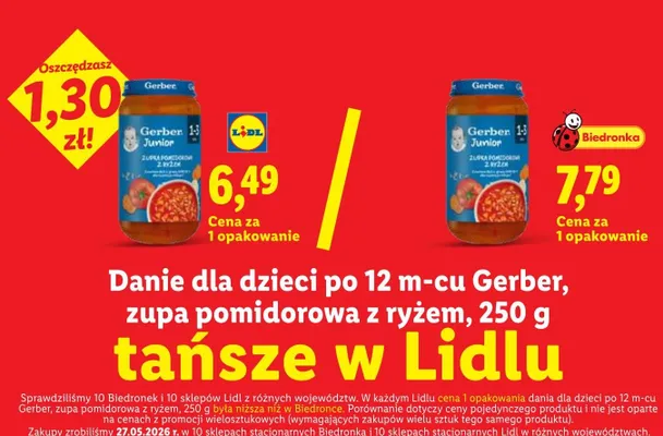 Danie dla dzieci po 12 m-cu Gerber zupa pomidorowa z ryżem promocja w Lidl