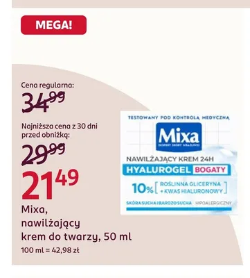 Nawilżający krem do twarzy Mixa promocja w Rossmann