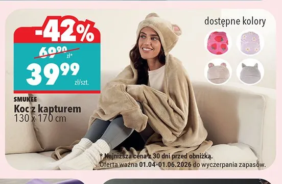 Koc z kapturem Smukee 130x170cm promocja w Biedronka