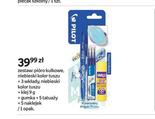 Zestaw pióro kulkowe Pilot Frixion + 3 wkłady + klej + gumka + tatuaże + naklejki promocja w Empik