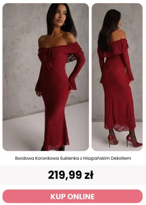 Bordowa koronkowa sukienka z hiszpańskim dekoltem Renee promocja w Renee