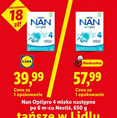 Mleko następne po 6m-cu Nan Optipro 4 Nestlé promocja w Lidl