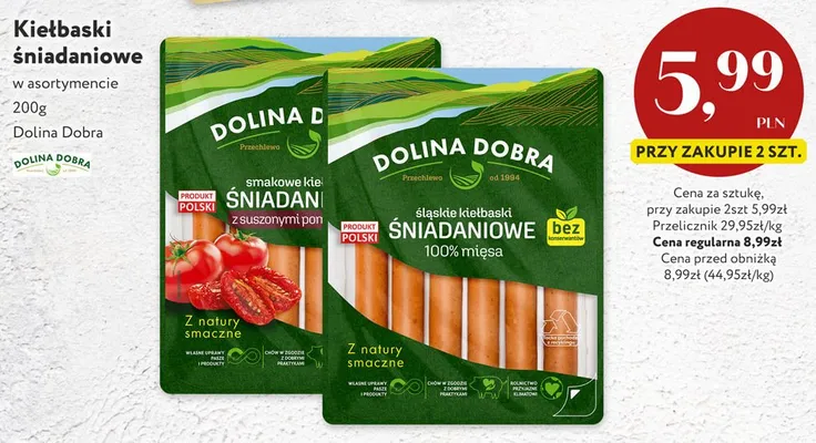 Śląskie kiełbaski śniadaniowe 100% mięsa Dolina Dobra promocja w Market Point
