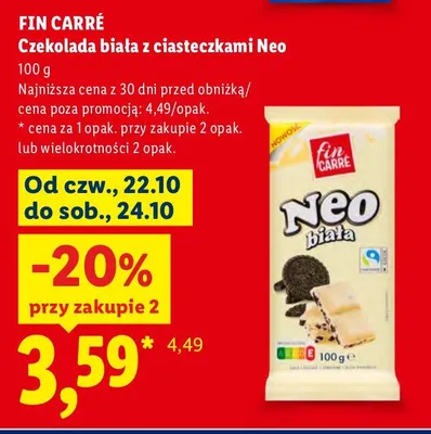 Czekolada biała z ciasteczkami Neo Fin Carré promocja w Lidl