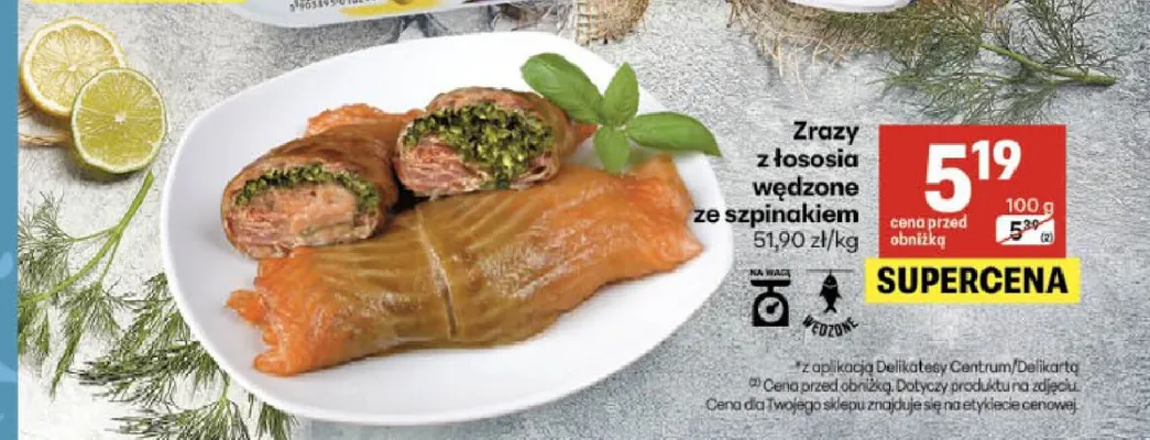 Zrazy z łososia wędzone ze szpinakiem promocja w Delikatesy Centrum
