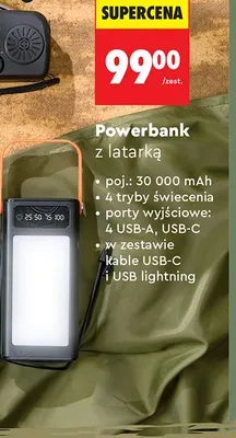 Powerbank z latarką poj.: 30 000 mAh, 4 tryby świecenia, porty wyjściowe: 4 USB-A, USB-C, w zestawie kable USB-C i USB lightning promocja w Biedronka
