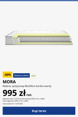 Materac sprężynowy MORA Gold 80x200 cm bardzo twardy promocja w Jysk