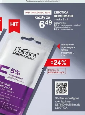 Maseczka do twarzy L'biotica Dermomask E 5% Intensywnie Regenerująca promocja w Ziko Dermo