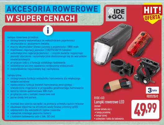 Lampki rowerowe LED Ride+Go promocja w Aldi