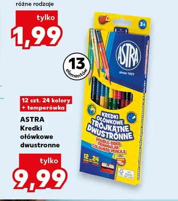 Kredki ołówkowe dwustronne trójkątne Astra 12 sztuk 24 kolory + temperówka promocja w BACK TO SCHOOL