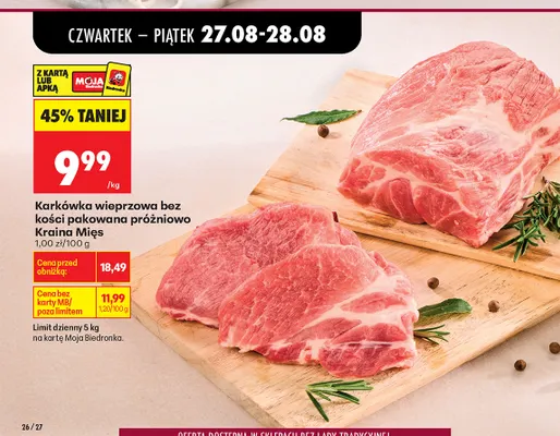 Karkówka wieprzowa bez kości pakowana próżniowo Kraina Mięs promocja w Biedronka
