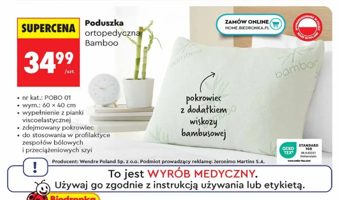 Poduszka ortopedyczna Bamboo 60x40cm promocja w Biedronka