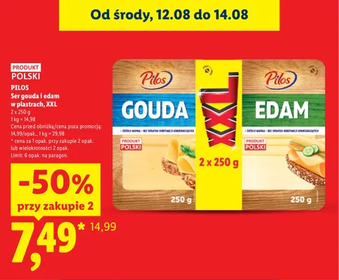 Ser gouda i edam w plastrach Pilos XXL promocja w Lidl