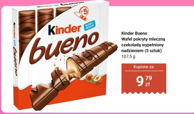 Wafel pokryty mleczną czekoladą wypełniony nadzieniem 5 sztuk Kinder Bueno promocja w Biedronka