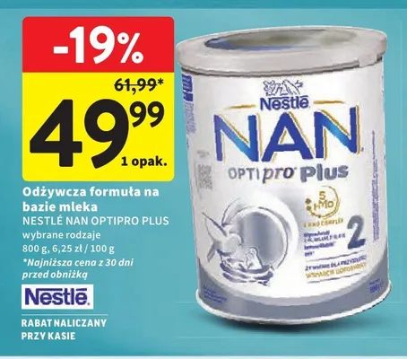 Odżywcza formuła na bazie mleka Nestlé NAN OPTIpro Plus 2 promocja w Intermarche