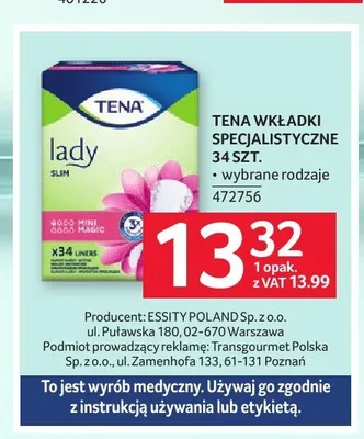 Wkładki specjalistyczne TENA promocja w Selgros