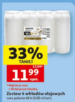Zestaw 4 wkładów olejowych Bispol czas palenia 68h promocja w Auchan