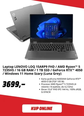 Laptop Lenovo Loq 15ARP9 promocja w Media Markt